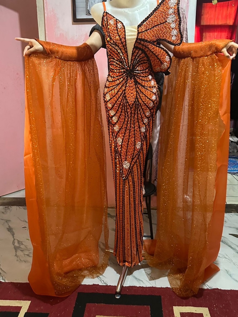 Orange Sequin Embellished Evening Gown Butterfly Monarch Custom Made